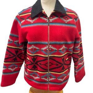 Pendleton Southwestern Navaho Red Wool Suede Collar Zip Jacket Coat Size Small